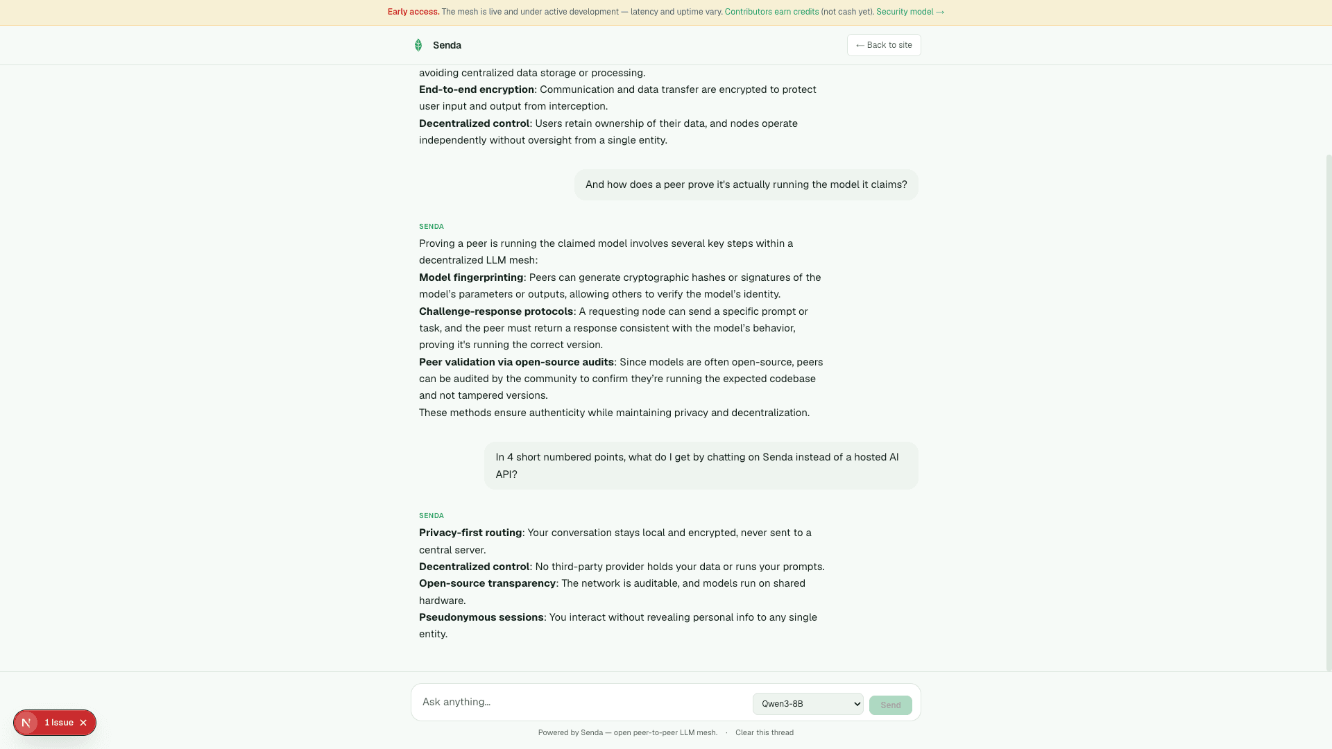 Senda web chat at senda.network with a streamed response