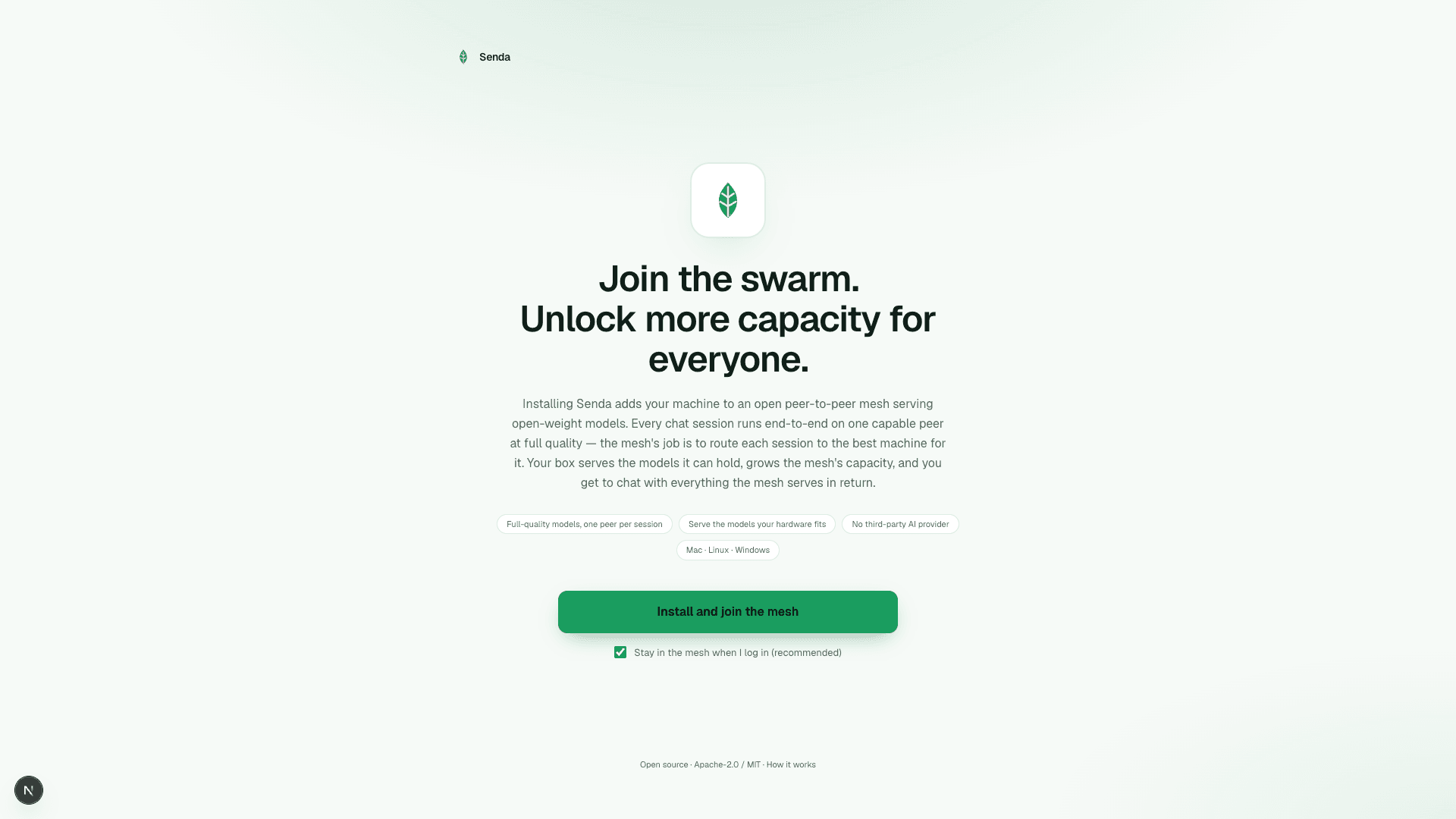 Senda first-run setup screen with Install and join the mesh call to action