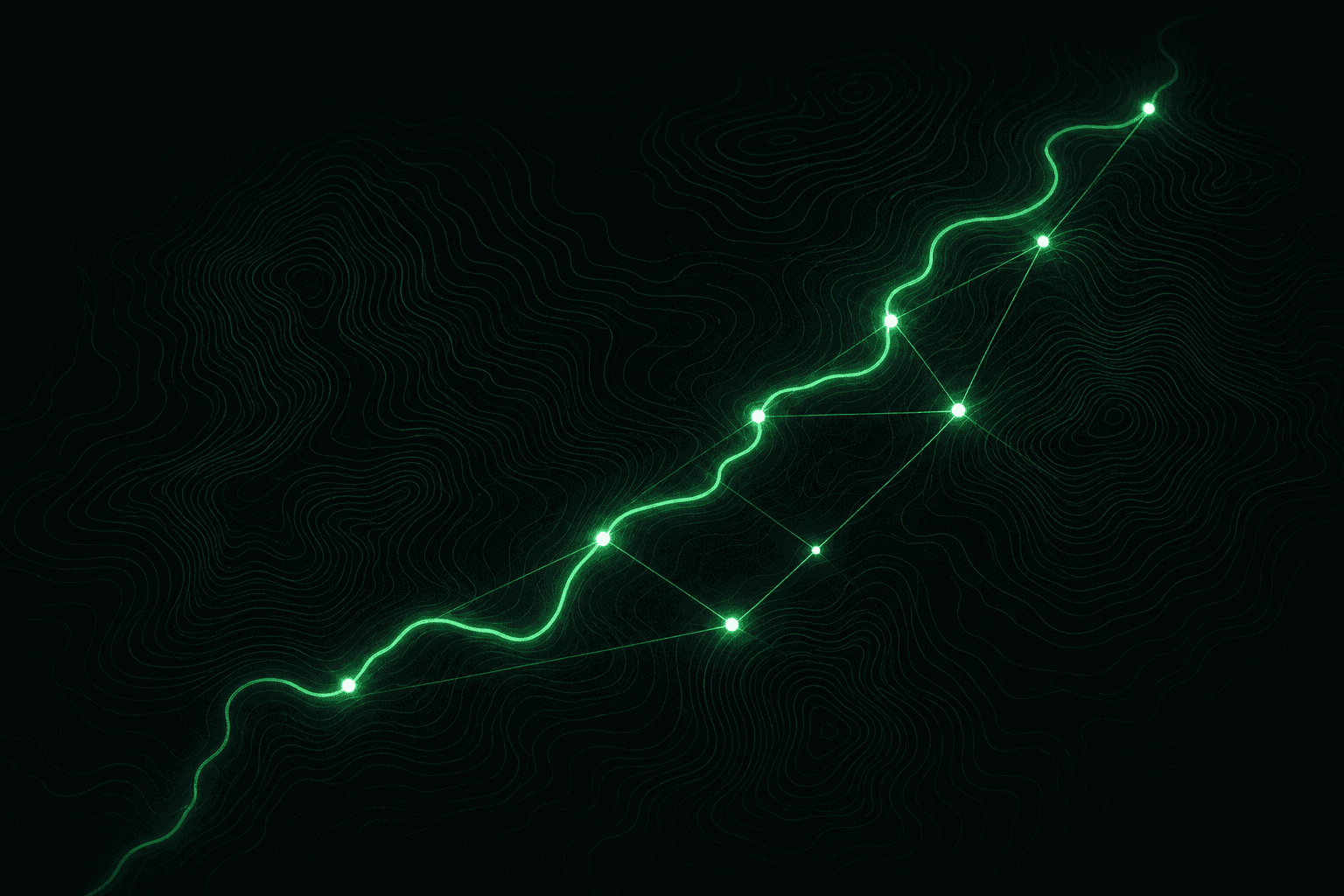 A glowing green trail winding across topographic contour lines, dotted with luminous waypoint nodes linked into a mesh