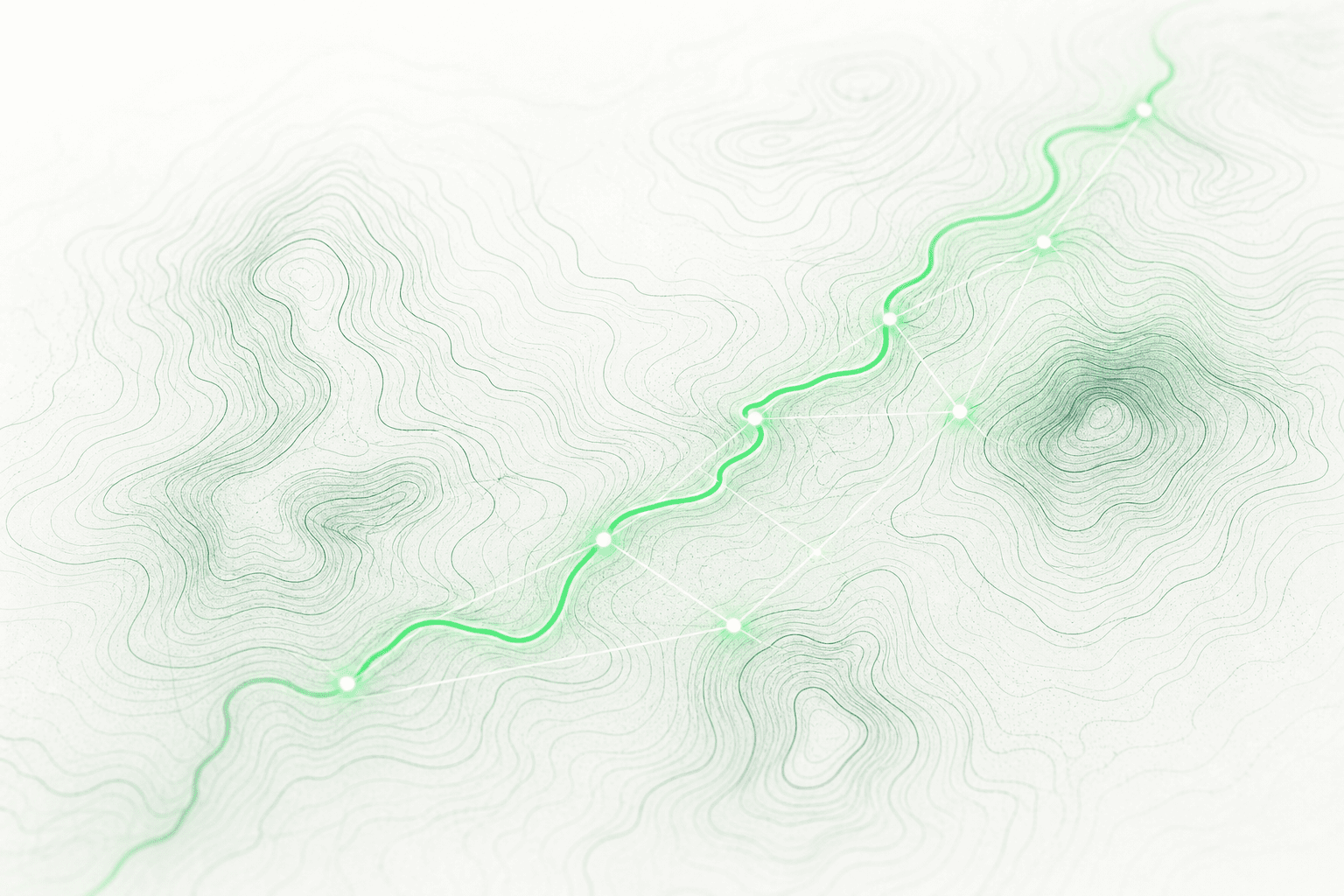 A glowing green trail winding across topographic contour lines, dotted with luminous waypoint nodes linked into a mesh