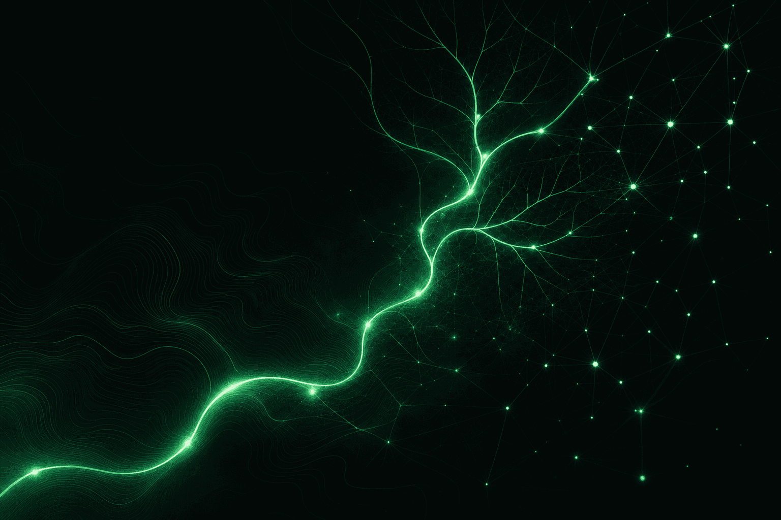 A luminous path winding through a branching leaf-vein network