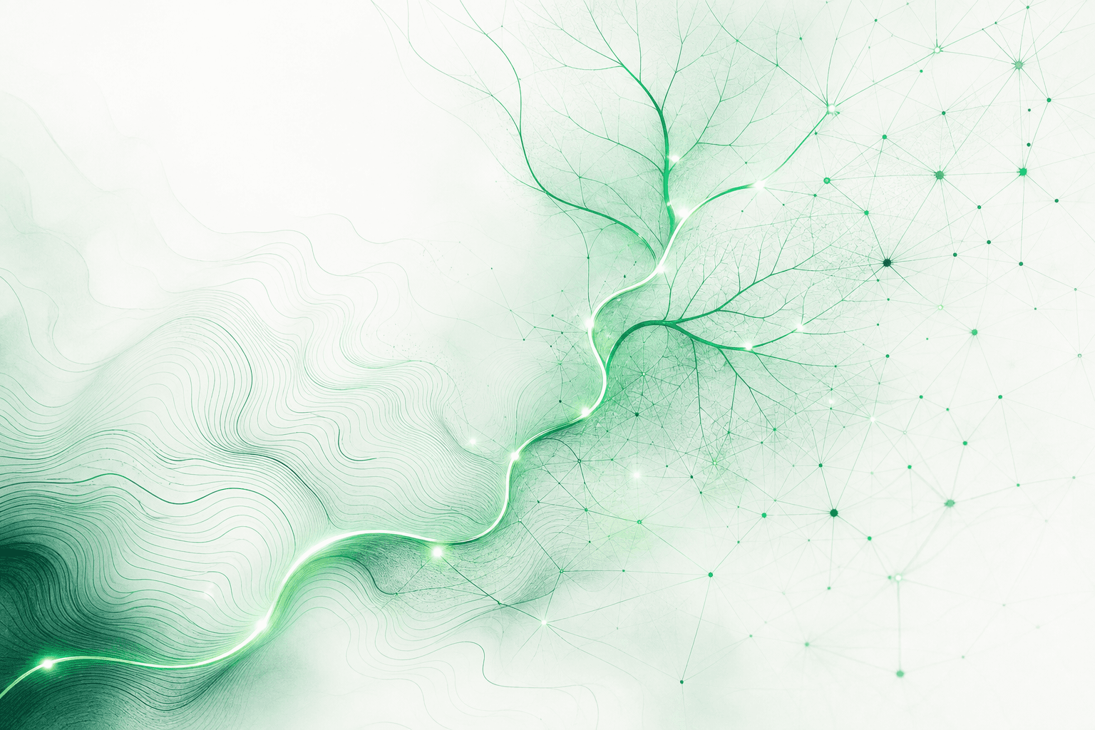 A luminous path winding through a branching leaf-vein network