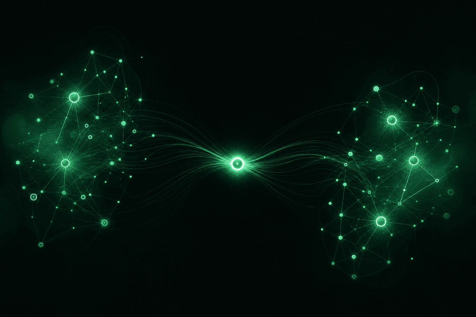 Peer clusters linked by curved luminous routing lines